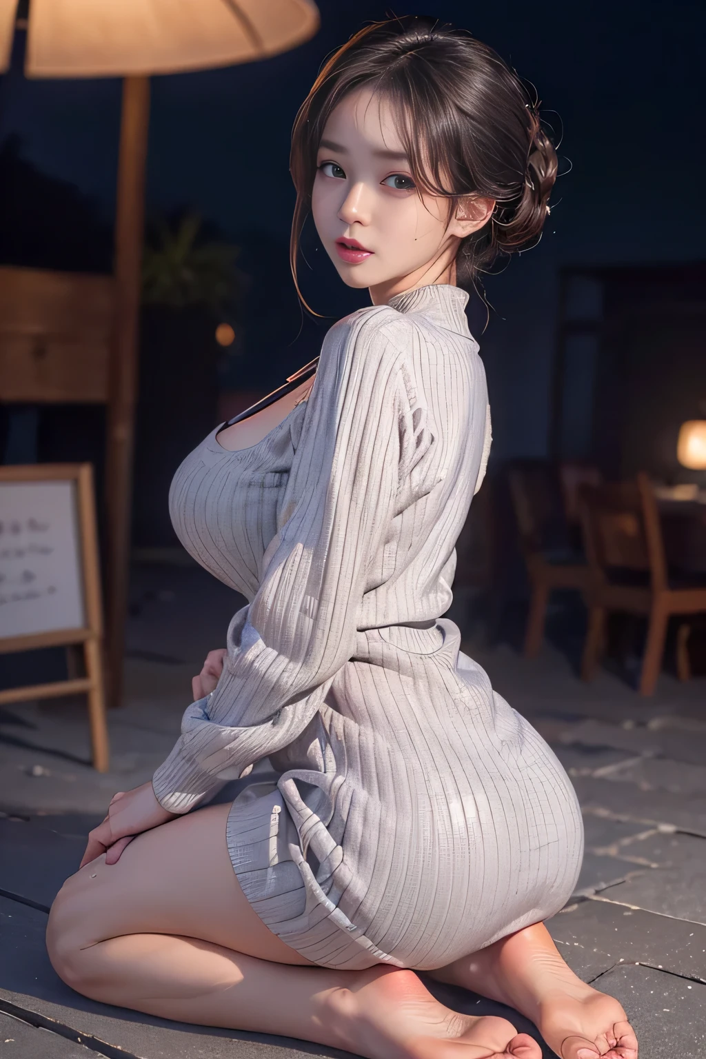 (masterpiece:1.3), (8k, Realistic, RAW Photos, highest quality: 1.4), (1 female), Beautiful mature face, Beautiful big breasts、Big cleavage、(Thin face), Beautiful grey hairstyles, Realistic eyes, Beautiful and beautiful eyes, (Realistic skin), Beautiful Skin, break、(ribbed fabric Sweater dress、Big Size), Confused, charm, charm、Ultra-high resolution, Surreal, Very detailed, Beautiful feet、Charming thighs、((Full Shot :1.8)) , Office Girl、Back streets at night、Busy Street、Shadow、Shyly、Shiny sexy lips and lip gloss💄、Glossy fluorescent pink lipstick、shiraki meiko 、(Sweat, vapor)、((mask、narrow, drooping eyes、Cold Stare、Don&#39;t look here))