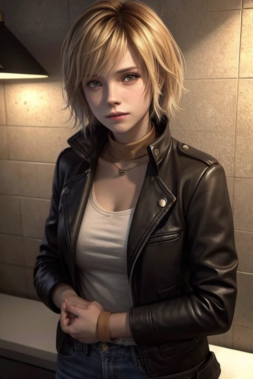 heathersh3, blonde hair, short hair, black leather jacket, long sleeves, jeans, gloves, black gloves, with arms crossed