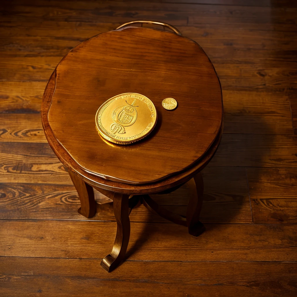((1 big gold coin on the table)),The background is a wooden table,from above