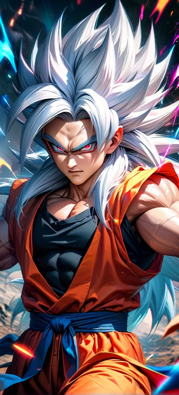 High quality, ultra realistic,absurdres, highres, ultra detailed, HDR, masterpiece, extremely detailed face and eyes, super saiyan 5 goku , dragonball,,long white hair ,black shirt , solo, ,man, handsome, , , Epic fight scene, colorful splashing effect,colorful lightning effect,glowing glitters ,