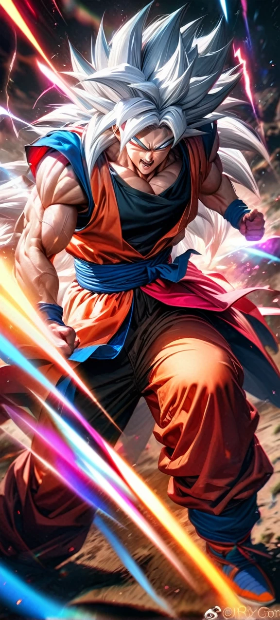 High quality, ultra realistic,absurdres, highres, ultra detailed, HDR, masterpiece, extremely detailed face and eyes, super saiyan 5 goku , dragonball,,long white hair ,black shirt , solo, ,man, handsome, , , Epic fight scene, colorful splashing effect,colorful lightning effect,glowing glitters ,