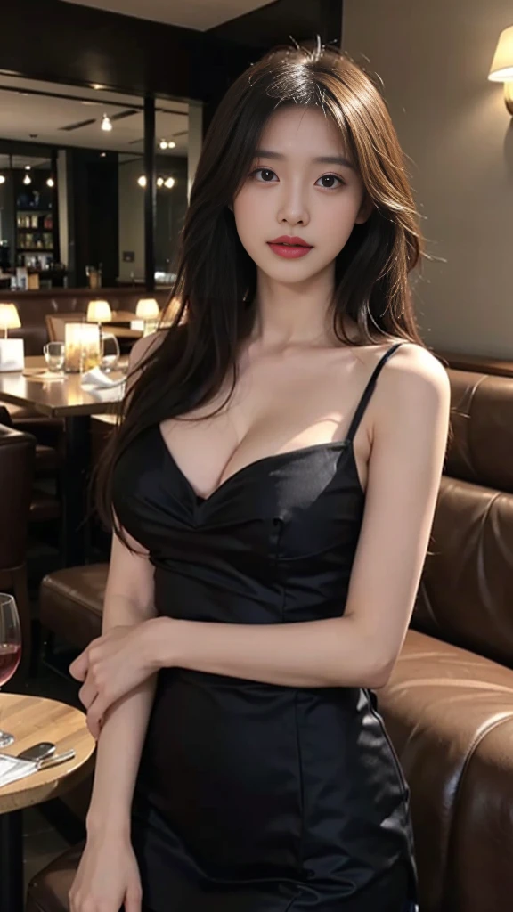 ((Best quality, 8k, Masterpiece: 1.3)), Contour: 1.2, ((Layered haircut, Round chest: 1.5, cleavage exposed) ), (dark, restaurant: 1.3), fancy dress: 1.1, Highly detailed face and skin texture, Beautiful eyes, Double eyelids, White skin, Long hair, (Silent: 1.3), Full close ,Ultra HD,8K suggestive smirk, date night, dark formal and fancy evening dress.