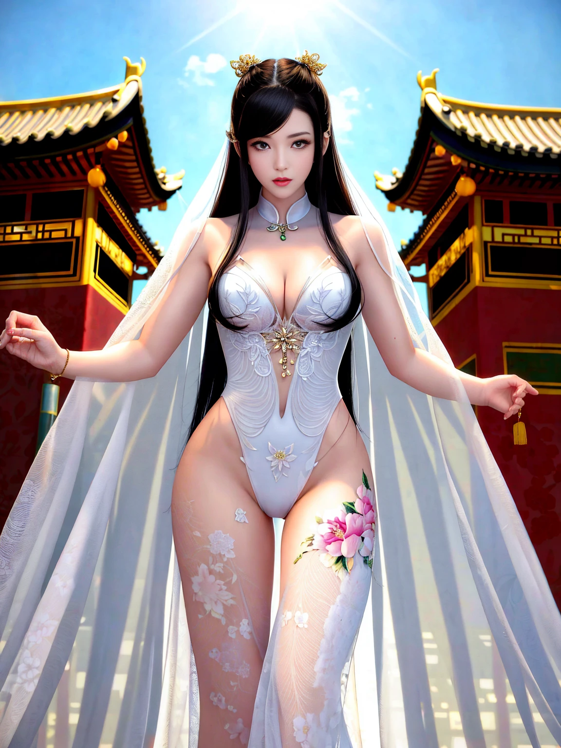 Top quality, masterpiece, high resolution, Chinese,,,,,,On the peaks,,,,,Rooftop,,,,,,,naked,,stand erect,,1girl, charming appearance and personality, big body, extremely sexy, ,,,,Floral print ,, ,Floral print,, Light yellow floral fragments,,(transparent ), large hollow see-through, beautiful and delicate face, (desire figure) perfect slim figure (nipple slip: 0.5), perfect white skin,stand erect,,Smooth black long hair