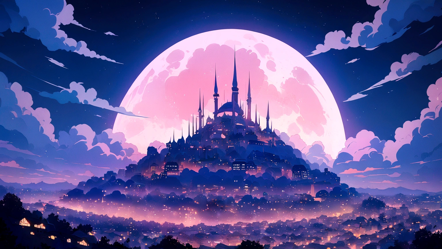 eid mubarak, glazing arab city, night, moon shape, clouds, fireworks in the sky, anime vibes, lofi artstyle, anime style 4 k, anime aesthetic, nightcore, lofi feel, lofi art, anime art wallpaper 4 k, anime art wallpaper 4k, anime wallpaper 4 k, anime wallpaper 4k, lofi vibes