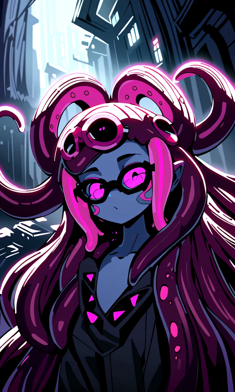 (dark biopunk art), (tentacle biopunk atmosphere), (biopunk girl), thin facial features, pale skin, pale tentacle hair, long tentacle hair, massive hair, open forehead, pale pink eyes, squared sunglasses, (dark lighting), many shadows, cold lights, biopunk art