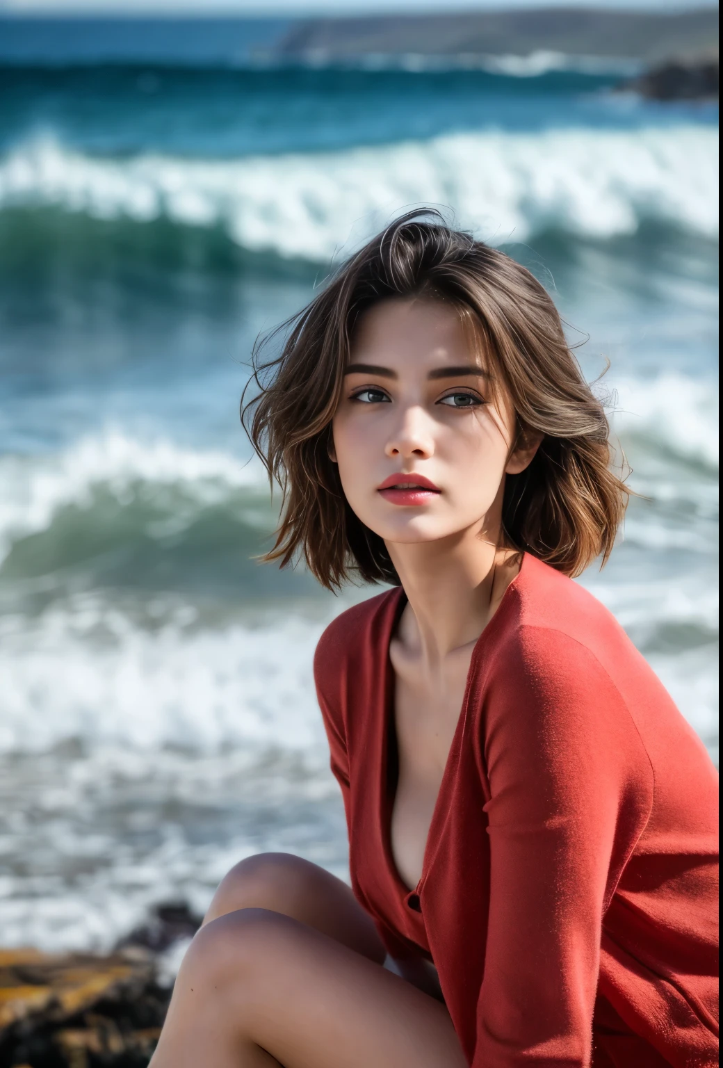 (best quality,4k,8k,highres,masterpiece:1.2),ultra-detailed,(Ultra-realistic, photorealistic,photo-realistic:1.37), 1 beautiful young Japanese Italian half model, yo, She's posing in a way that emphasizes her breasts, seductive pose, (sitting on coral coast in Australia:1.5), detailed eyes, high nose, blue eyes, delicate facial features, long eyelashes, peaceful expression, colorful dress, detailed folds and textures, Sparkling Waves, warm vibrant colors, cinematic lighting, 8k, high quality, photorealistic, studio lighting, detailed texture, vivid colors, toned body, detailed moist skin texture,