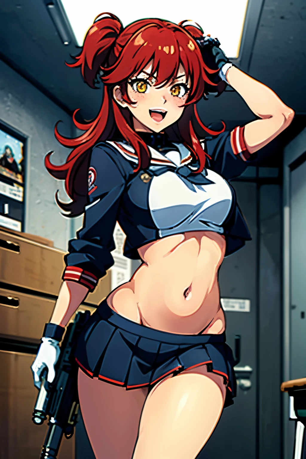 nena trinity, red hair, yellow eyes, gloves , blush,
lipstick, masterpiece, best quality, highly detailed, a anime girls in sailor uniforms with a gun posing for a picture, evil smile, smile, open mouth,black_serafuku, ecchi anime style, anime girls , (nsfw) not safe for work, ecchi style, ecchi, shipgirls, digital anime art!!, high school girls, holding a gun, hold a gun, anime style 4 k, micro skirt, exposed belly, exposed navel, exposed midriff, exposed lower belly,school, classroom,