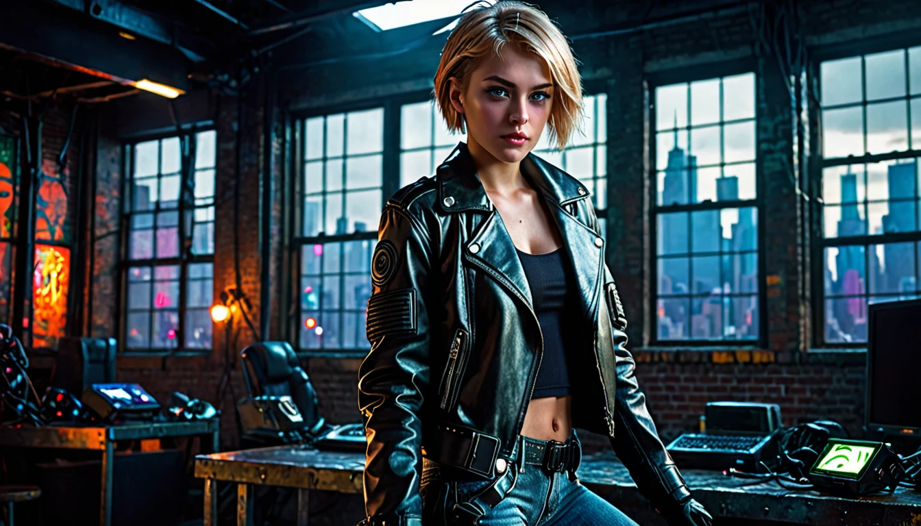 1girl, blonde hair, short hair, green eyes, glowing left eye, 21 years old, leather jacket, gloves, black gloves, jeans, boots, pistol holster, dark warehouse, 1 computer with three led monitors, window, new york cyberpunk city, detailed realistic portrait, cinematic lighting, dramatic contrast, moody atmosphere, high quality, highly detailed, sharp focus, photorealistic, hyperrealistic, dramatic lighting, intricate details, vivid colors, cinematic composition, high resolution, masterpiece