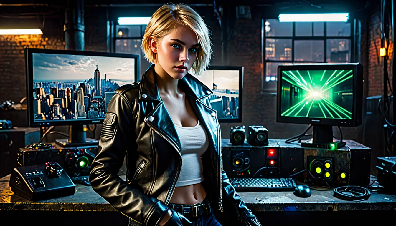 1girl, blonde hair, short hair, green eyes, glowing left eye, 21 years old, leather jacket, gloves, black gloves, jeans, boots, pistol holster, dark warehouse, 1 computer with three led monitors, window, new york cyberpunk city, detailed realistic portrait, cinematic lighting, dramatic contrast, moody atmosphere, high quality, highly detailed, sharp focus, photorealistic, hyperrealistic, dramatic lighting, intricate details, vivid colors, cinematic composition, high resolution, masterpiece