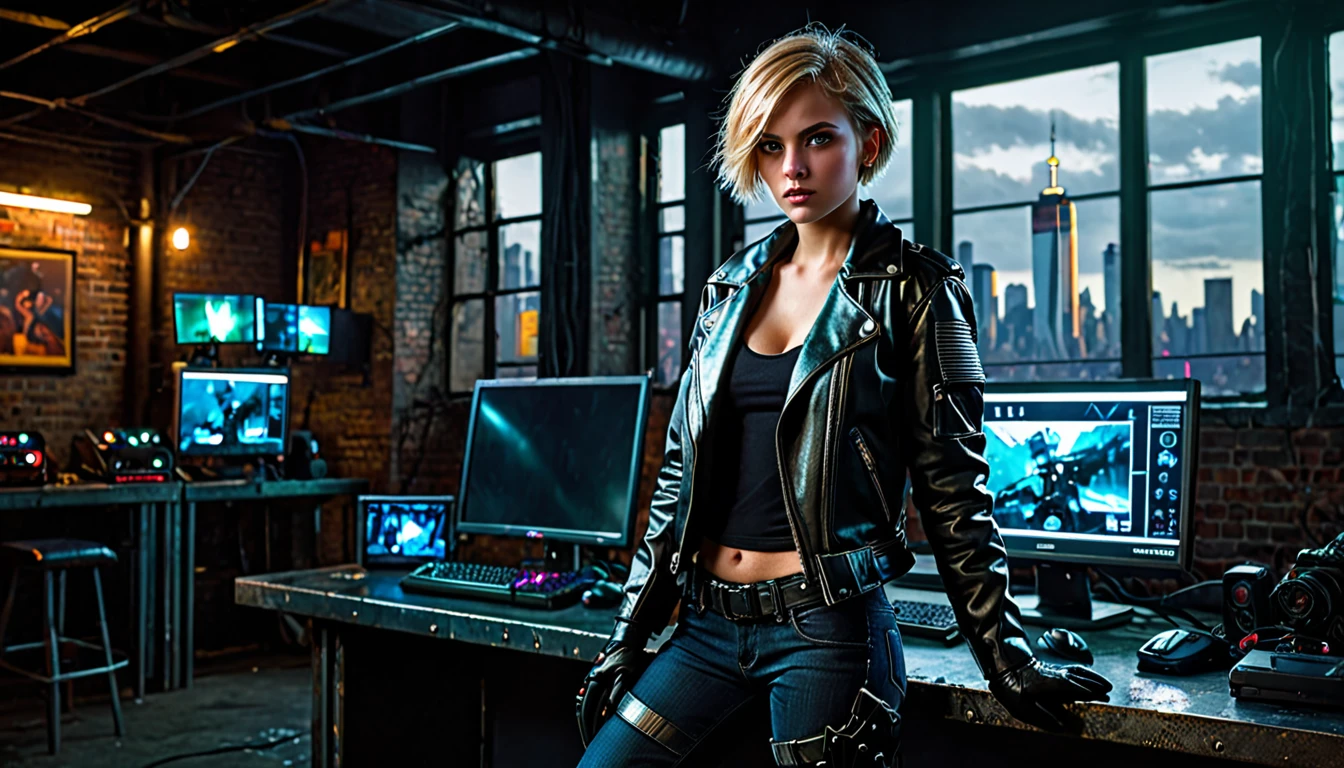 1girl, blonde hair, short hair, green eyes, glowing left eye, 21 years old, leather jacket, gloves, black gloves, jeans, boots, pistol holster, dark warehouse, 1 computer with three led monitors, window, new york cyberpunk city, detailed realistic portrait, cinematic lighting, dramatic contrast, moody atmosphere, high quality, highly detailed, sharp focus, photorealistic, hyperrealistic, dramatic lighting, intricate details, vivid colors, cinematic composition, high resolution, masterpiece