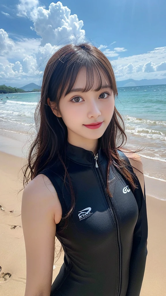 Highest quality, shape, Very detailed, finely, High resolution, 8k wallpaper, Perfect dynamic composition, Beautiful and detailed, Straight hair, Small breasts, Natural color lip, Random sexy poses,smile,20-year-old girl、Beautiful and elaborate face、Perfect and beautiful face,Big eyes、RAW Photos、Expressing feminine poses with the whole body、Beautiful and detailed、Small face、Beautiful Duplex、Slim face and figure,Bright expression,Shooting with a focus on beautiful legs,surfing、Wearing a wetsuit、Indonesia、Bali、Beach shoot