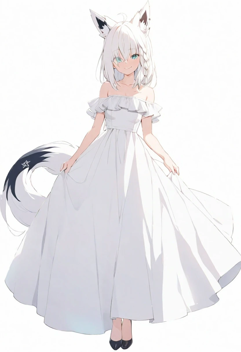 (masterpiece), (best quality), perfect face, beautiful girl, white background background, delicate and beautiful face and eyes, dark intense shadow, 
1 girl, vtuber style, cool girl, hololive, Shirakami Fubuki, fox ears, fox tail, white evening dress, long skirt dress, Ruffles dress, small chest, cropped shoulders, clavicle, winking, smile, body visible through clothes, chest visible through clothes, ass visible through thighs, High heel, (full body), looking at viewer, standing, 