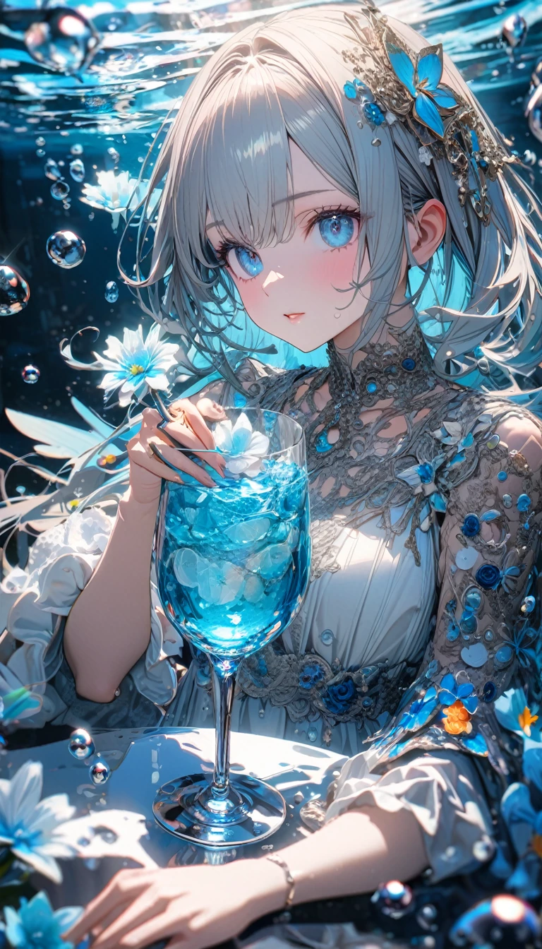 Extremely detailed, 8K, Angelic, One cup, Water in a glass, Glass Flower, bubble, Right blue water, Cool, bright