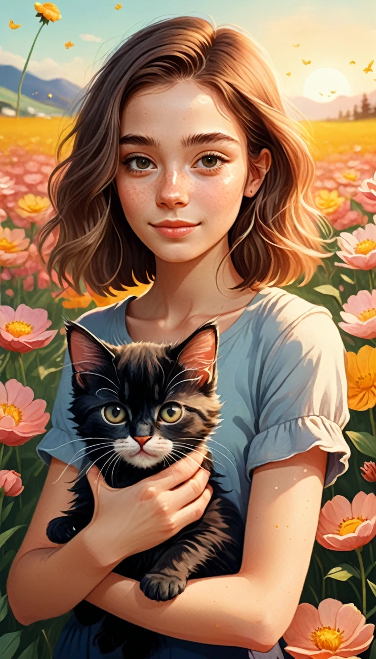 A portrait of an innocent 26-year-old with a kind face,
Olivia Bee, Holding a kitten in the middle of a flower field, Warm, glowing skin,
Ziprealism, ZIP2D (Postal code 2D), sk_Cinematic,