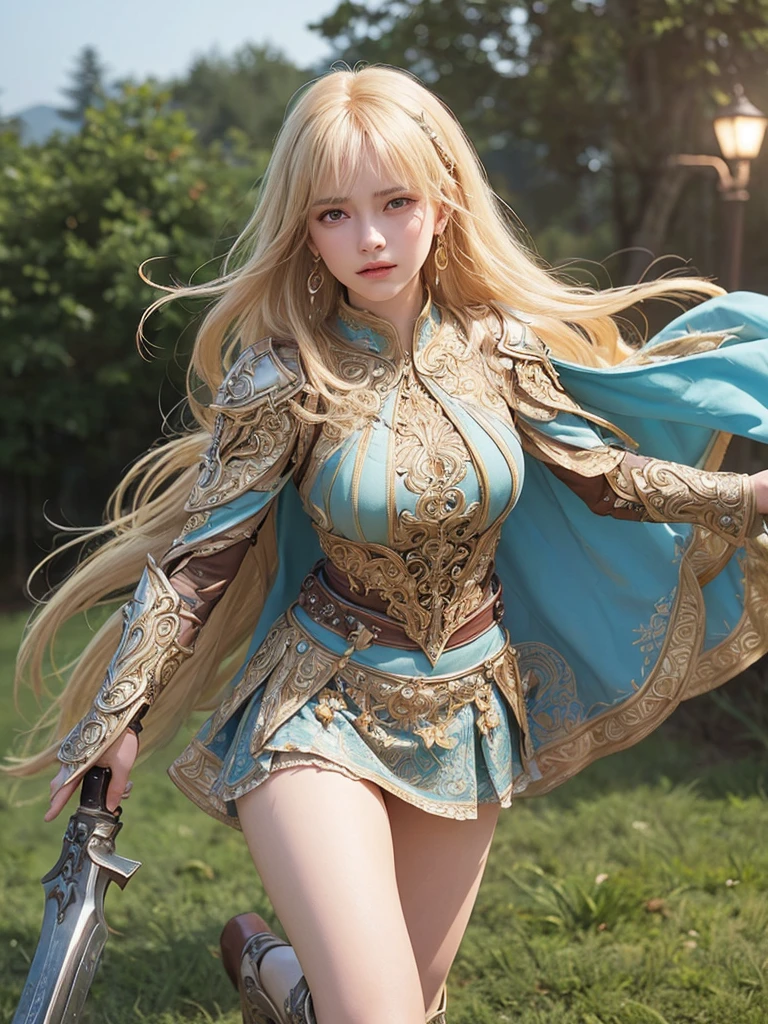 (((masterpiece, best quality))), (((high quality))), (((high resolution illustration))), (((hyper detail))),NSFW, (((Wordsworth's Sharon))),(((Very beautiful long blonde hair))), (((Very beautiful face))), (((very beautiful blue eyes))),(((kindly smiling, shy expression))),(((her face is flushed))),(((slim body))),(((slim thighs))),(((small breasts))),(((very beautiful slender legs))),(((Armor with extremely detailed and intricate decoration))),(((A skirt with extremely detailed and intricate decoration))),(((Boots with extremely detailed and intricate decoration))),(((beautiful earrings))),((a beautiful hair ornament))),((A cloak with very detailed and intricate decoration))),(((She is standing on a beautiful grassland late at night))),(((She is crying with a painful expression on her face))),((embarrassed)), (empty eyes),(erotic cry:1.2), tears, (rolling eyes),looking up, (wide-open eyes),(((running)),(((has a huge weapon))),