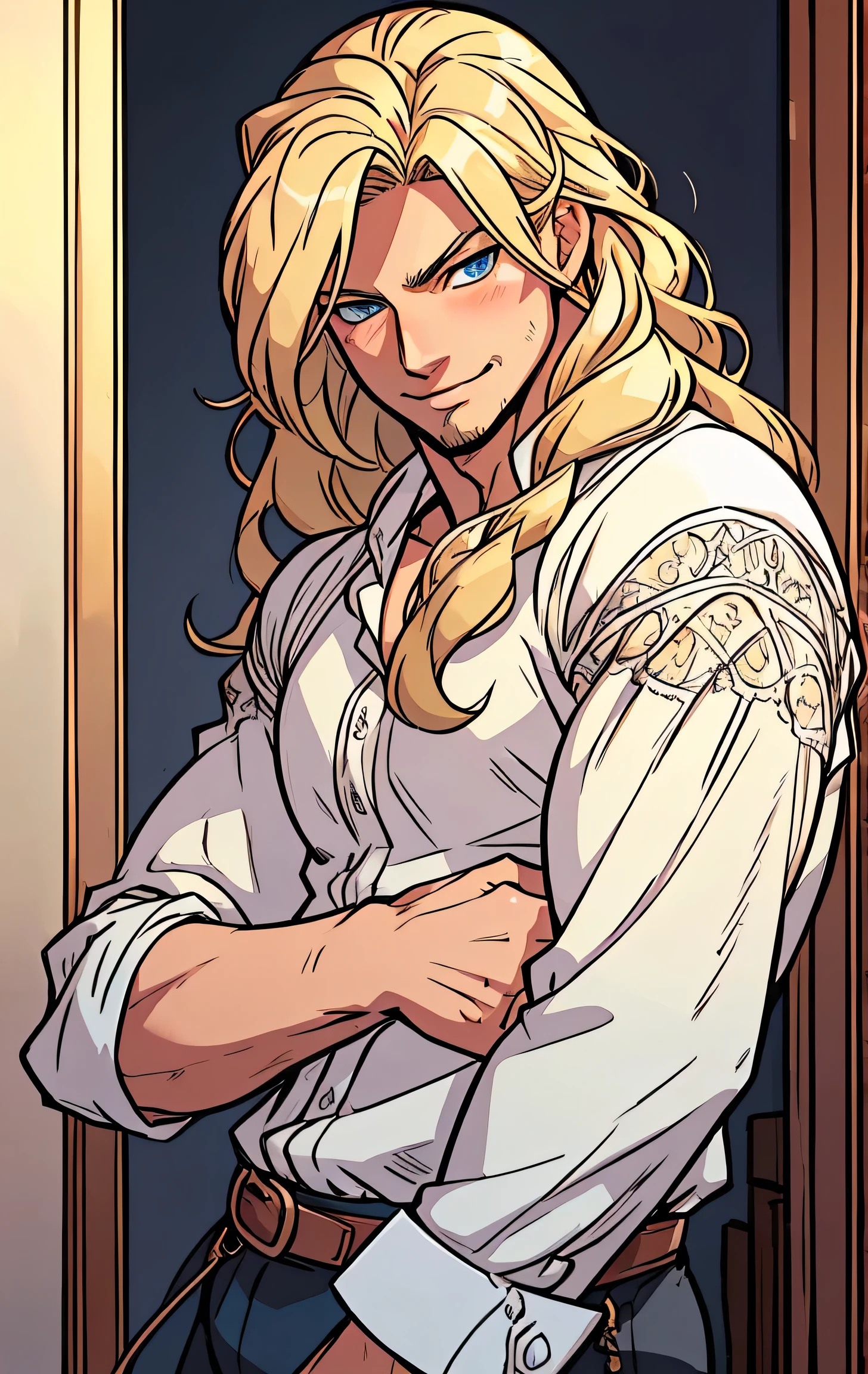 One male, shoulder length hair, blond, blond hair, blue eyes, tall, muscular, open white shirt, beautiful face, highest quality, masterpiece, 2d, anime, perfect face, highest detail, stubble, wavy hair, cowboy shot, intricate details, room interior, solo, sultry smile, blushing