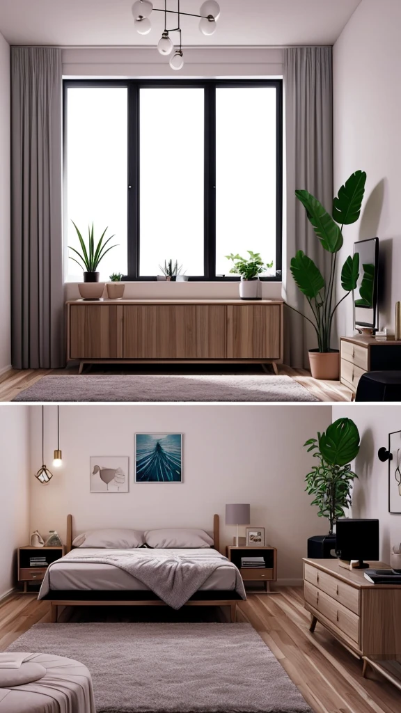 A cartoon modern illustration of a girly room with furniture and decoration for sleeping at dusk in a dark empty home. Nighttime bedroom with bed and lamp on nightstand, large window and plants. Night time