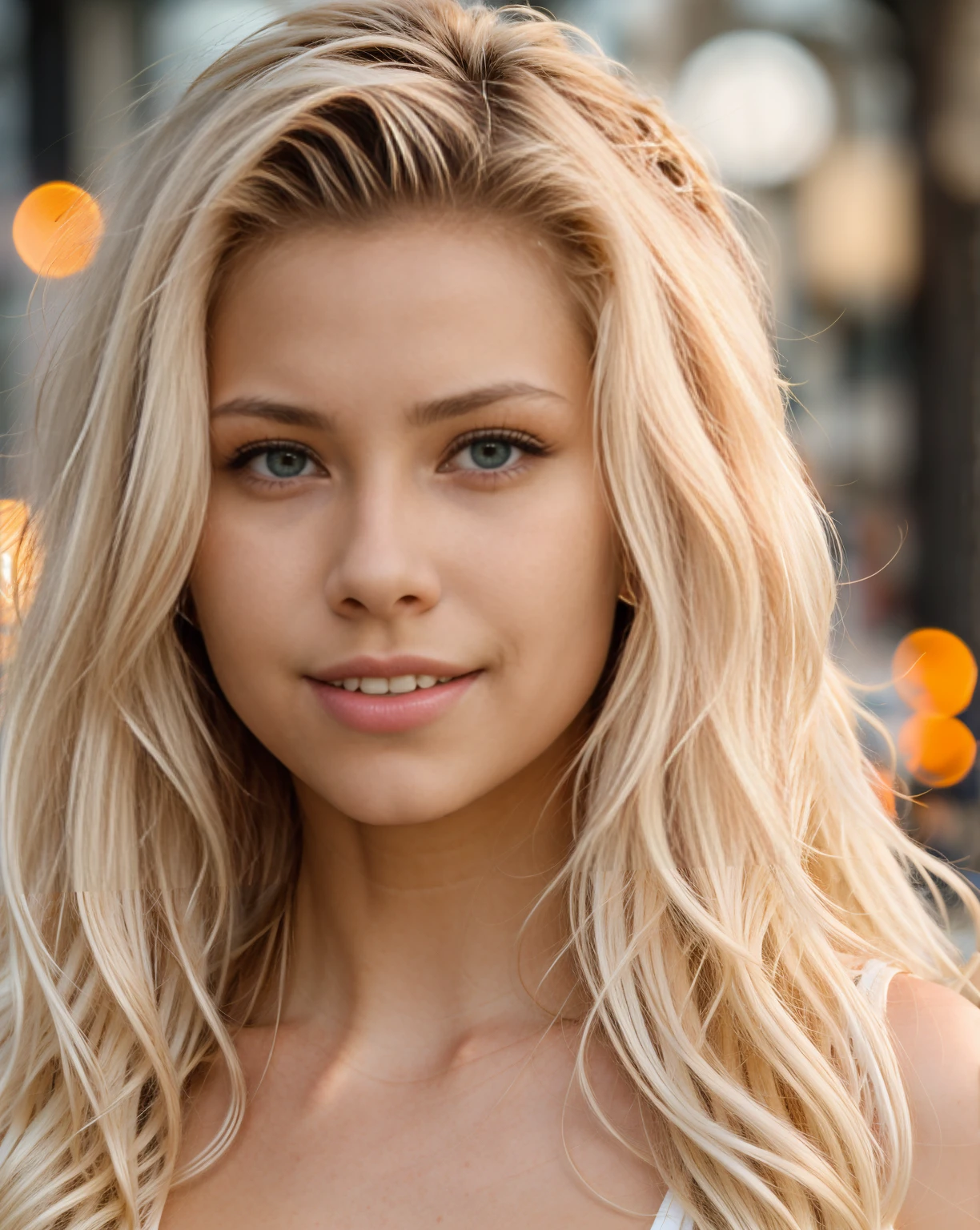 portrait photo of a beautiful blonde girl smiling into the camera (expressive face) big breasts and long flowing hair. aesthetic portrait, 1girl,solo, long hair, bokeh, depth of field, cinematic, nighttime ,aesthetic portrait,b3rli,ch3ls3a, perfect anatomy