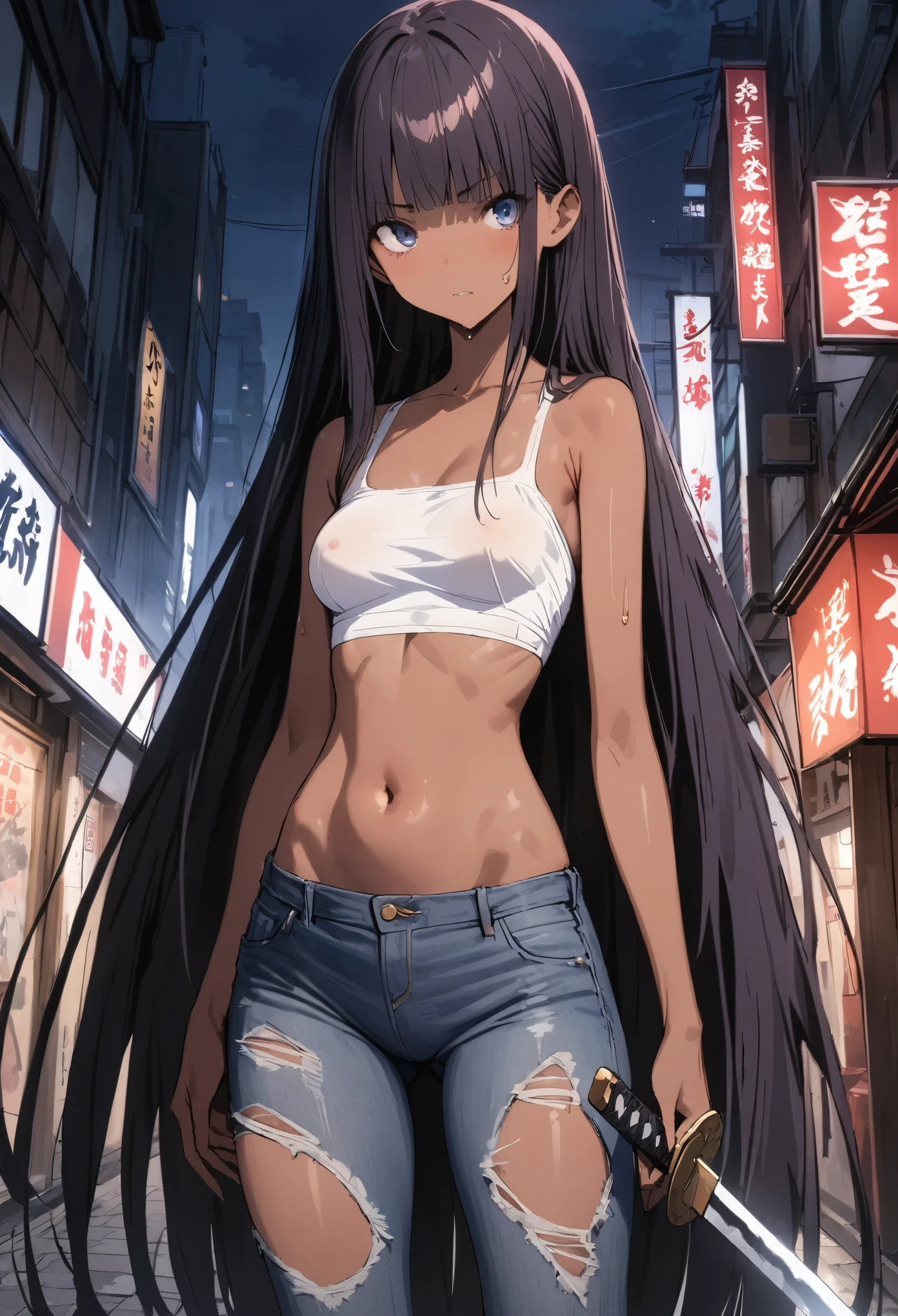 Monster Attack、(((masterpiece, Highest quality:1.3,absurdres))),nsfw,25 year old beauty,solo,((very small head:1.3)),long hair,bangs,dark blue hair,dark blue eyes,gorgeous eyes,Serious expression、medium breasts,((very long body:1.2)),((toned body,slender body)),skinny,(tan skin),gleaming skin,shiny skin,sweat,((ripped jeans)),((White tube top,navel)),Japan holding a sword in both hands、A detailed depiction of a Japanese sword、standing,on street,Tokyo、at night、