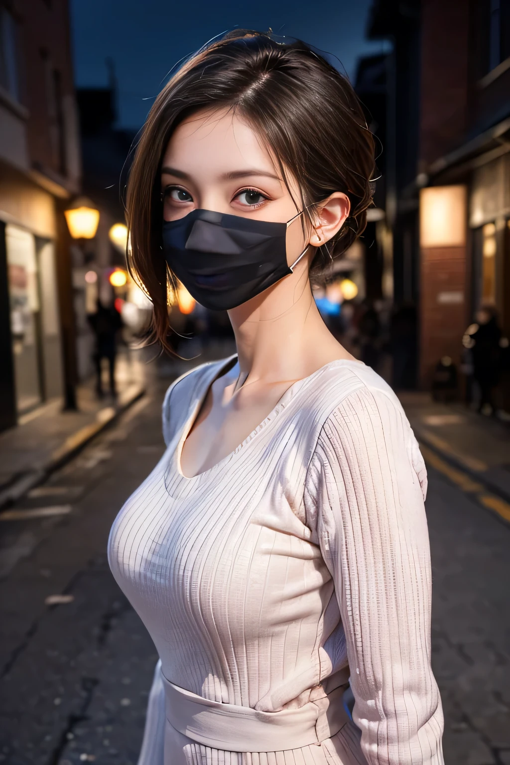 (masterpiece:1.3), (8k, Realistic, RAW Photos, highest quality: 1.4), (1 female), Beautiful mature face, Beautiful big breasts、(Thin face), Beautiful grey hairstyles, Realistic eyes, Beautiful and beautiful eyes, (Realistic skin), Beautiful Skin, break、(ribbed fabric Sweater dress、Big Size), Confused, charm, charm、Ultra-high resolution, Surreal, Very detailed, Beautiful feet、Charming thighs、((Full Shot :1.8)) , Office Girl、Back streets at night、Busy Street、Shadow、Shyly、Shiny sexy lips and lip gloss💄、Glossy fluorescent pink lipstick、shiraki meiko 、(Sweat, vapor)、((mask、narrow, drooping eyes、Cold Stare、Don&#39;t look here))