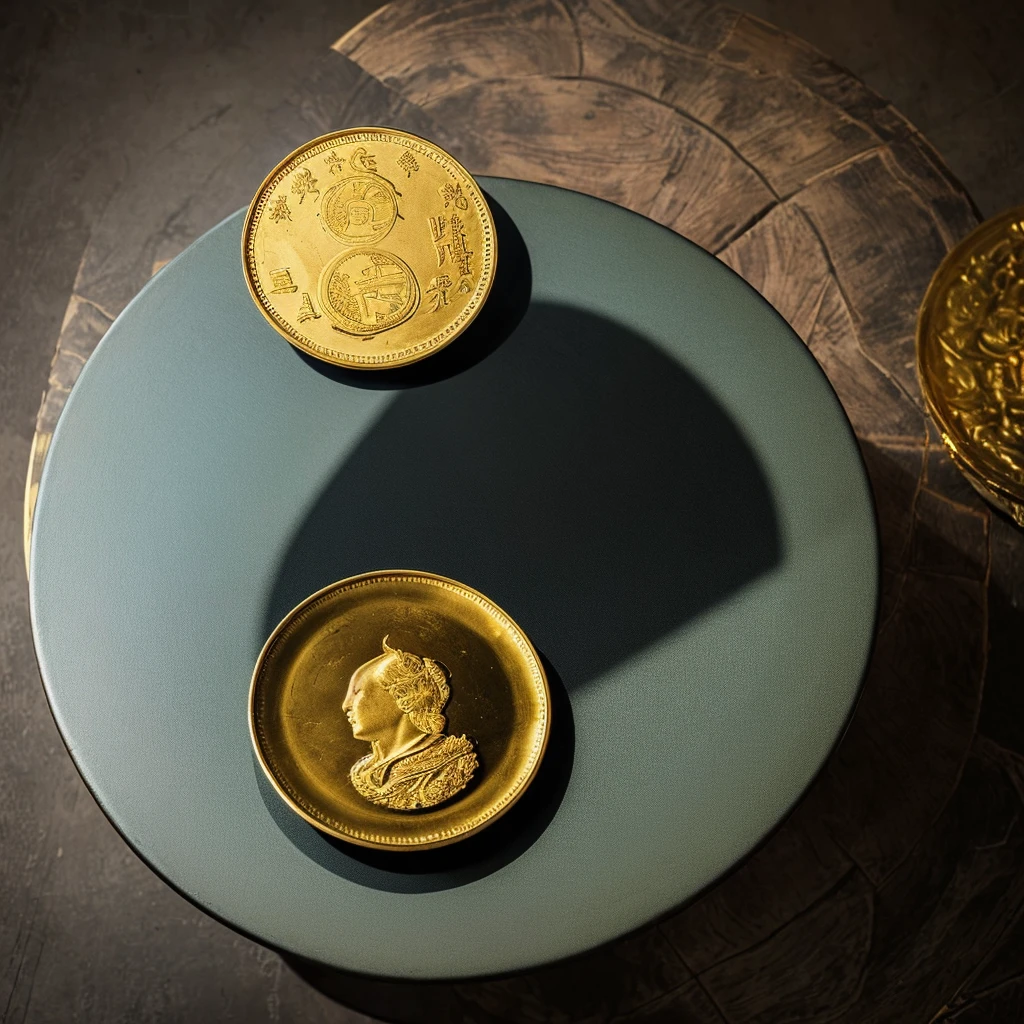 ((1 big gold coin on the table)),The background is a black metal plate,from above
