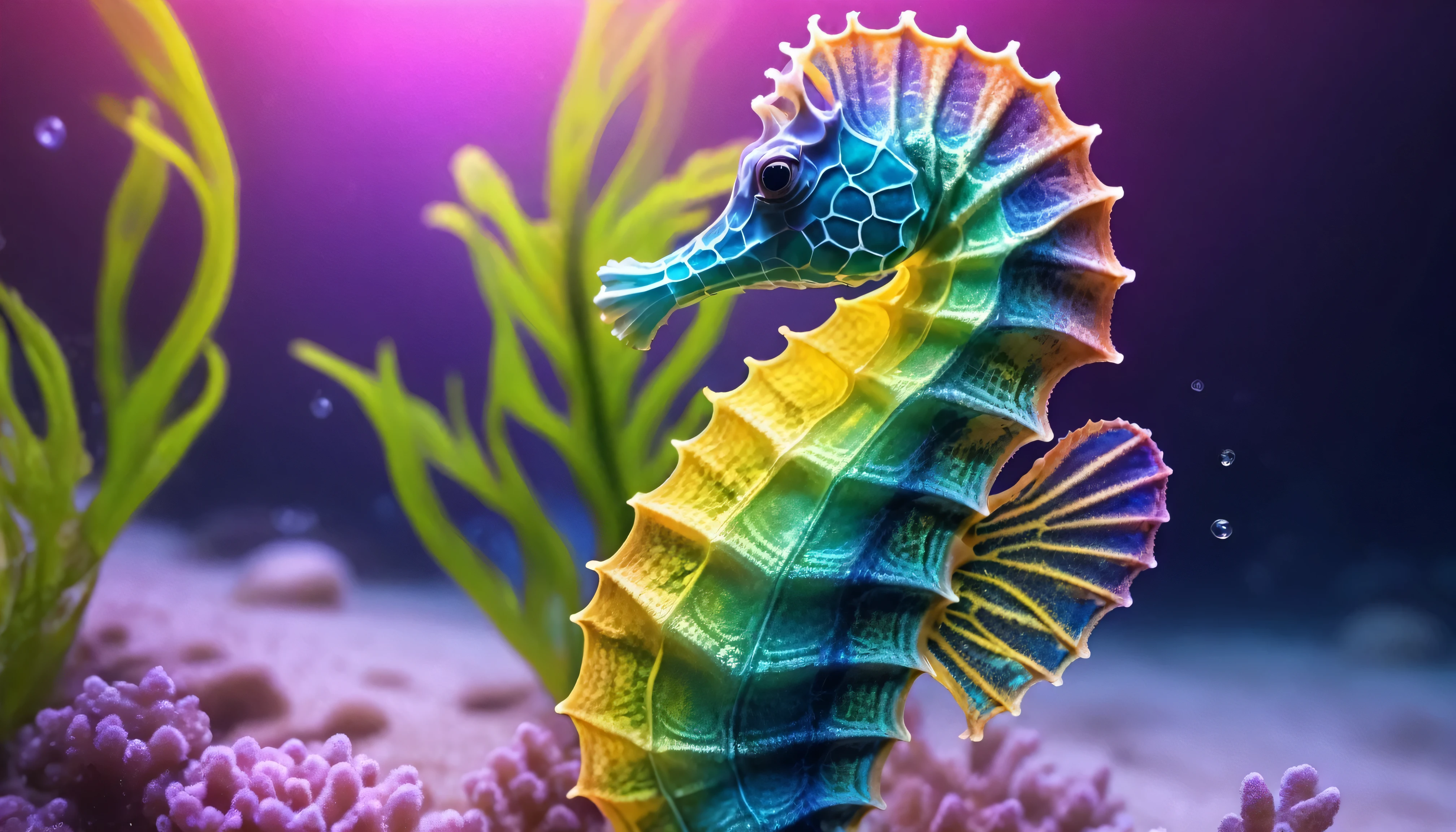 a single seahorse, colorful, intricate detailed texture, beautiful vibrant colors, glowing bioluminescent plants, shimmering light rays, cinematic dramatic lighting, vibrant and dynamic composition, highly detailed and realistic, (best quality,4k,8k,highres,masterpiece:1.2),ultra-detailed,(realistic,photorealistic,photo-realistic:1.37)