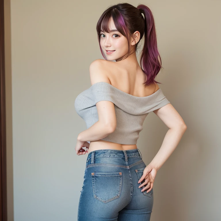 (masterpiece, best quality:1.4),(8k, raw photo, photo realistic:1.2), female, shy, flushing, smiling, standing, hands on hips, looking at viewer, high ponytail, hime_cut, shiny hair, pink hair, light green inner hair, brown eyes, slant eyes, shiny skin, glamorous, leggy, blush, japanese idol, curvy, 20-year-old, in the grassland, off shoulder, gray tank top, jeans, full body shot, realistic photo, photorealistic, beautiful breasts, beautiful ass