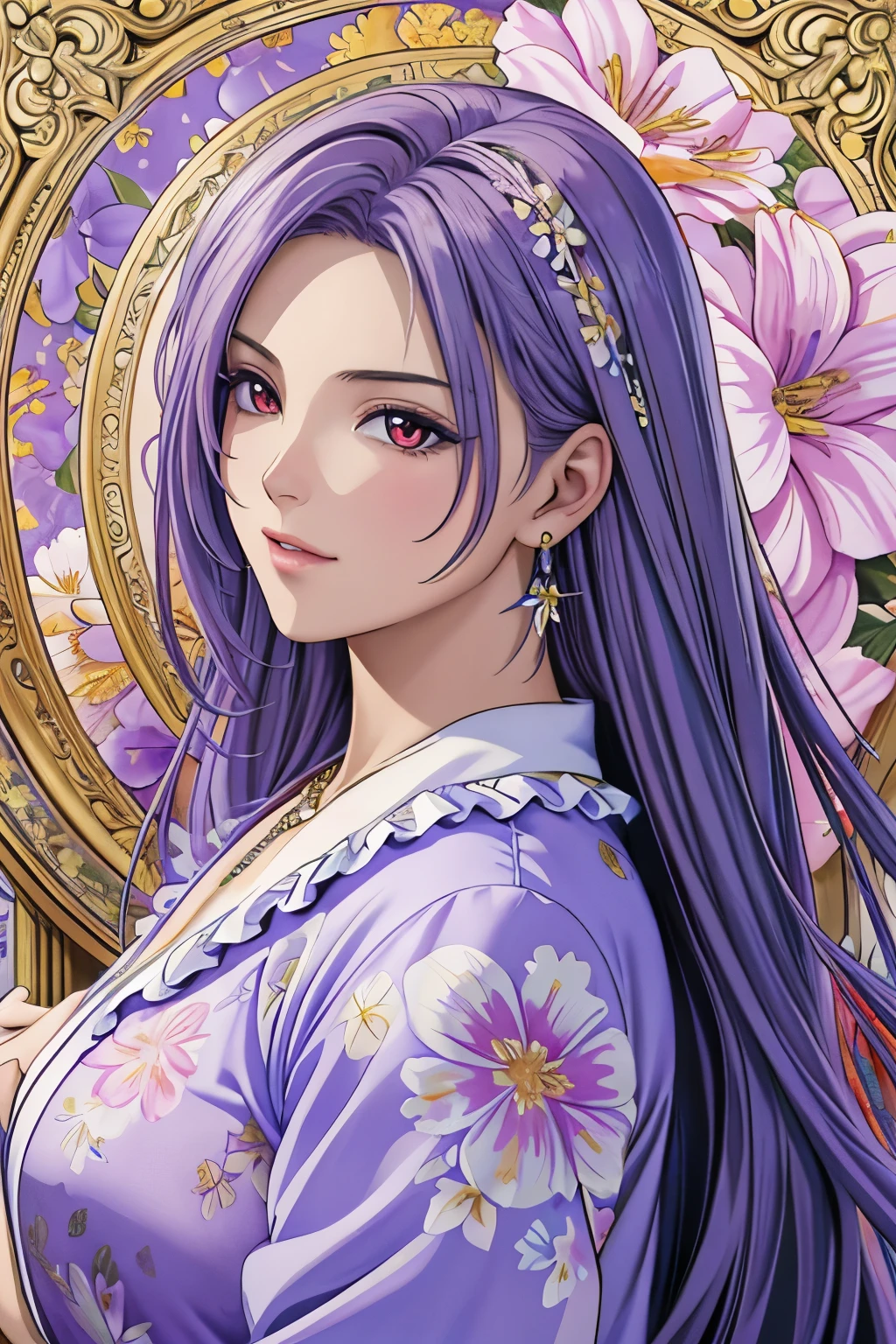 (​masterpiece, top-quality, top-quality, Official art, Beautifully Aesthetic:1.2), red eyes, (highest quality, masterpiece painting:1.3), immature woman, 16 years old, (half body shot), masterpiece, ultra high resolution, (((Flower frame, A lot of flowers in the frame, round frame, A beautiful girl fits into the frame))), Decorative panel, abstract art, (shot from a side angle), (Photoreal:1.0), ((light purple hair)),straight hair, beautiful shining hair, white and shining skin, Painterly, sketch, Texture, 超A high resolution, solo, Beautuful Women, A highly detailed, (Fractal Art:1.1), (colourfull:1.1), (florals:1.6), The most detailed, (Zentangle:1.2), (Dynamic Poses), (Abstract background:1.3), (shinny skin), (Many colors:0.8), (earrings:1.4), (pluma:0.9), Taisho romance