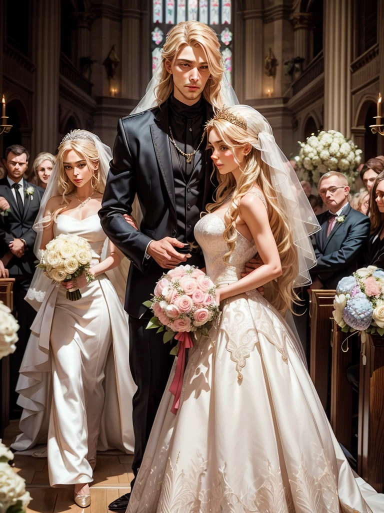 the wedding altar. Everything is decorated with lots of white and pink hydrangeas, everything is sparkling, a festive atmosphere. An incredibly beautiful young femme fatale stands at the altar-a blonde with long golden hair arranged in a magnificent wedding hairstyle decorated with pearl thread, blue eyes, she is wearing a luxurious chic wedding brand dress, jewelry, a beautiful veil, a tiara. She holds the bride's bouquet in her hands. She looks at her lover, who is walking towards her. Masterpiece, beautiful face, beautiful facial features, perfect image, realistic photos, full-length image, 8k, detailed image, extremely detailed illustration, a real masterpiece of the highest quality, with careful drawing. glow. In full growth.