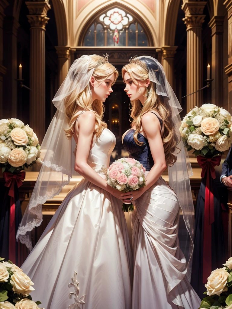 the wedding altar. Everything is decorated with lots of white and pink hydrangeas, everything is sparkling, a festive atmosphere. An incredibly beautiful young femme fatale stands at the altar-a blonde with long golden hair arranged in a magnificent wedding hairstyle decorated with pearl thread, blue eyes, she is wearing a luxurious chic wedding brand dress, jewelry, a beautiful veil, a tiara. She holds the bride's bouquet in her hands. She looks at her lover, who is walking towards her. Masterpiece, beautiful face, beautiful facial features, perfect image, realistic photos, full-length image, 8k, detailed image, extremely detailed illustration, a real masterpiece of the highest quality, with careful drawing. glow. In full growth.