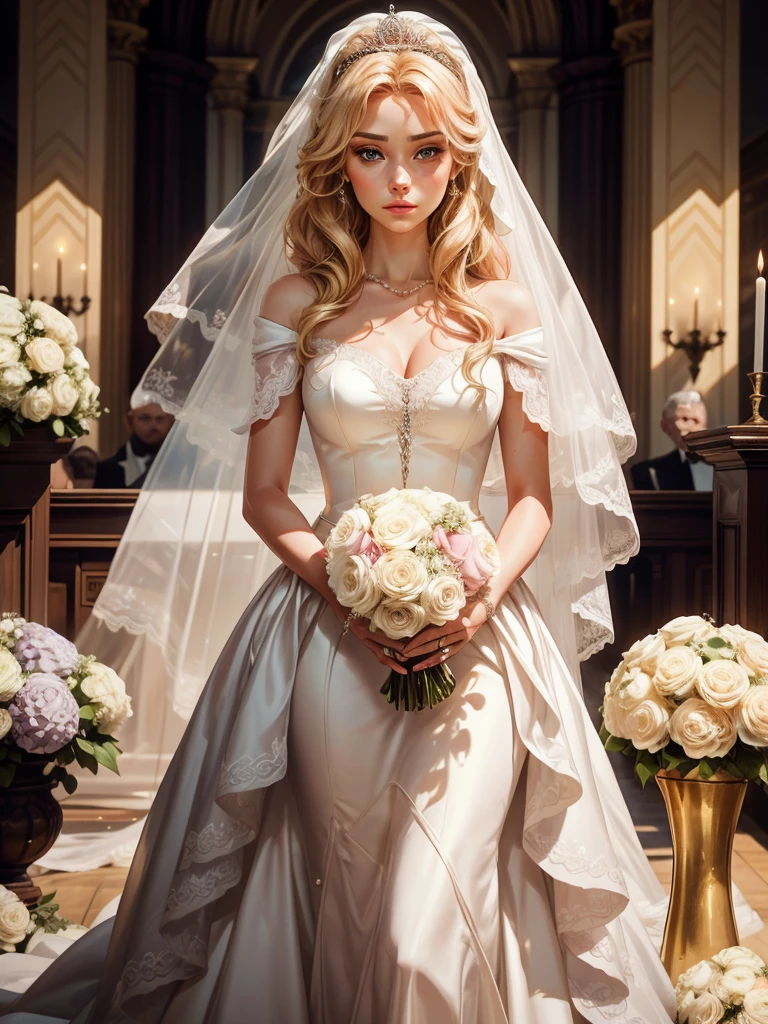 the wedding altar. Everything is decorated with lots of white and pink hydrangeas, everything is sparkling, a festive atmosphere. An incredibly beautiful young femme fatale stands at the altar-a blonde with long golden hair arranged in a magnificent wedding hairstyle decorated with pearl thread, blue eyes, she is wearing a luxurious chic wedding brand dress, jewelry, a beautiful veil, a tiara. She holds the bride's bouquet in her hands. She looks at her lover, who is walking towards her. Masterpiece, beautiful face, beautiful facial features, perfect image, realistic photos, full-length image, 8k, detailed image, extremely detailed illustration, a real masterpiece of the highest quality, with careful drawing. glow. In full growth.