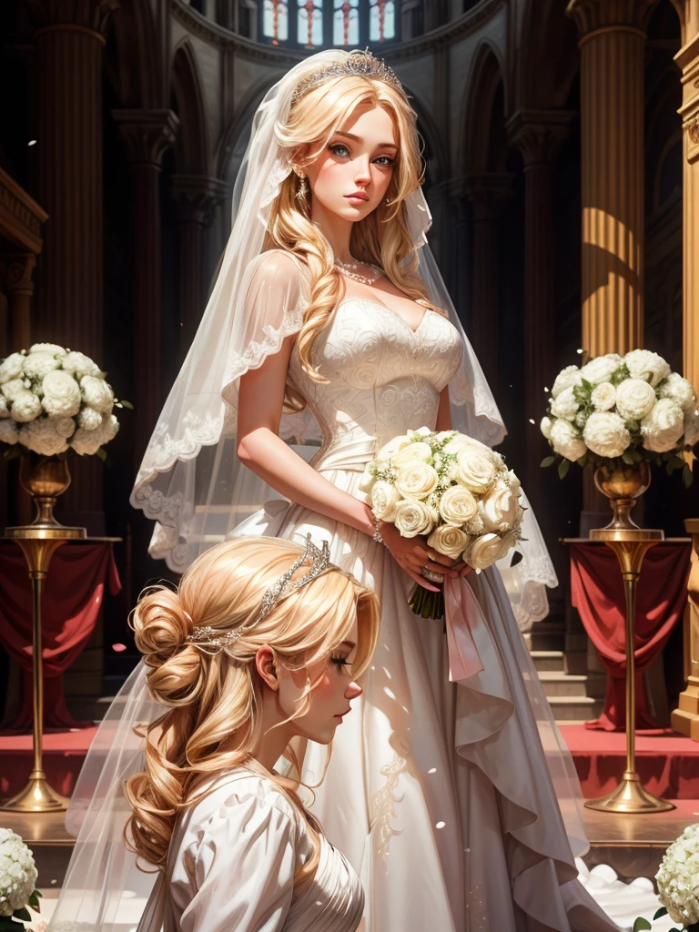 the wedding altar. Everything is decorated with lots of white and pink hydrangeas, everything is sparkling, a festive atmosphere. An incredibly beautiful young femme fatale stands at the altar-a blonde with long golden hair arranged in a magnificent wedding hairstyle decorated with pearl thread, blue eyes, she is wearing a luxurious chic wedding brand dress, jewelry, a beautiful veil, a tiara. She holds the bride's bouquet in her hands. She looks at her lover, who is walking towards her. Masterpiece, beautiful face, beautiful facial features, perfect image, realistic photos, full-length image, 8k, detailed image, extremely detailed illustration, a real masterpiece of the highest quality, with careful drawing. glow. In full growth.