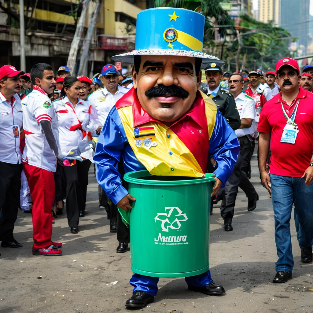 Nicolas Maduro wearing a poorly made trash can mascot costume made of recycled materials
