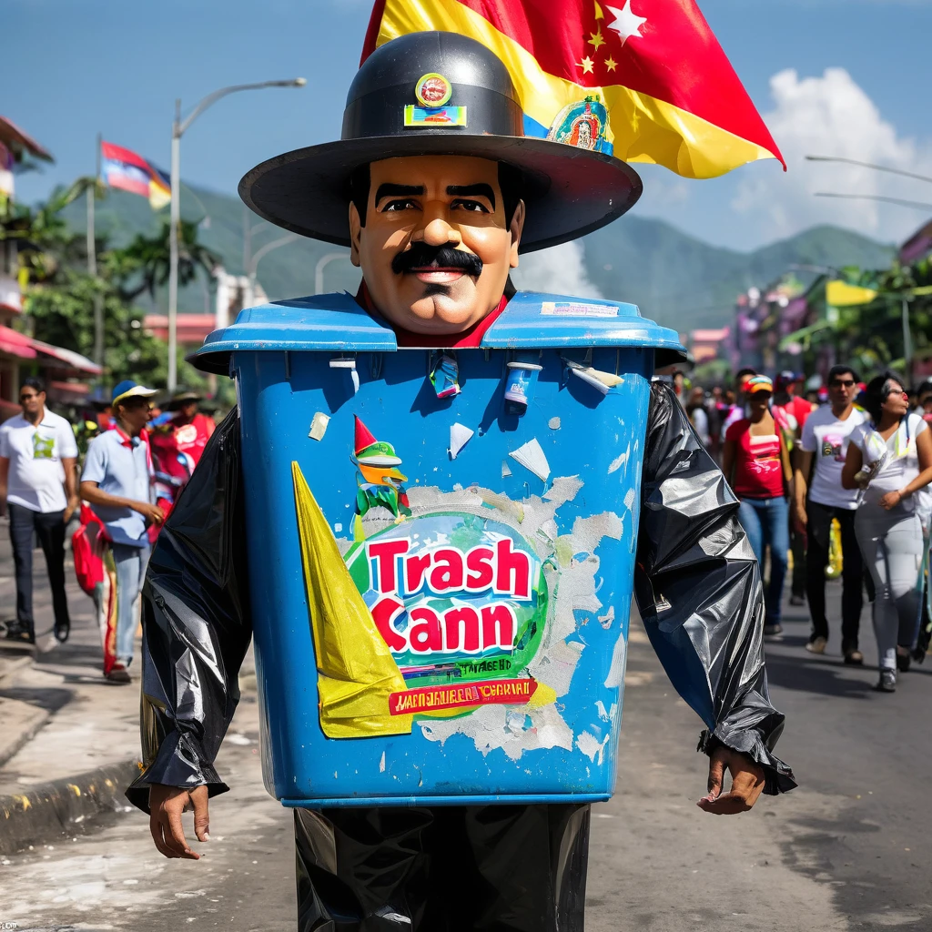 Nicolas Maduro wearing a poorly made trash can mascot costume made of recycled materials