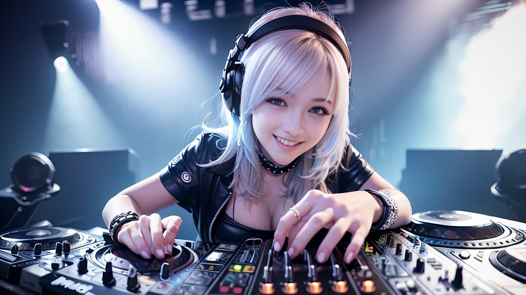 (ultra - detailed, 16K resolution, Cinema lenses, rendering by octane), (high resolution:1.18), intricate detail, (masterpiece:1.1), (highest quality:1.1), (1girl, portrait, white hair, blue eyes, short hair, detailed eyes),Wearing silver DJ headphones, Shiny silver sequined T-shirt, (Iconic hip-hop pop costumes:1.3), Smile while DJing on stage, full body shot of, The spotlight shines on the female DJ. Photorealistic photography by Disco Lighting, (cute round face:1.3), perfect fingers, five fingers, beautiful hands, perfect hands. master peace, cute smile.