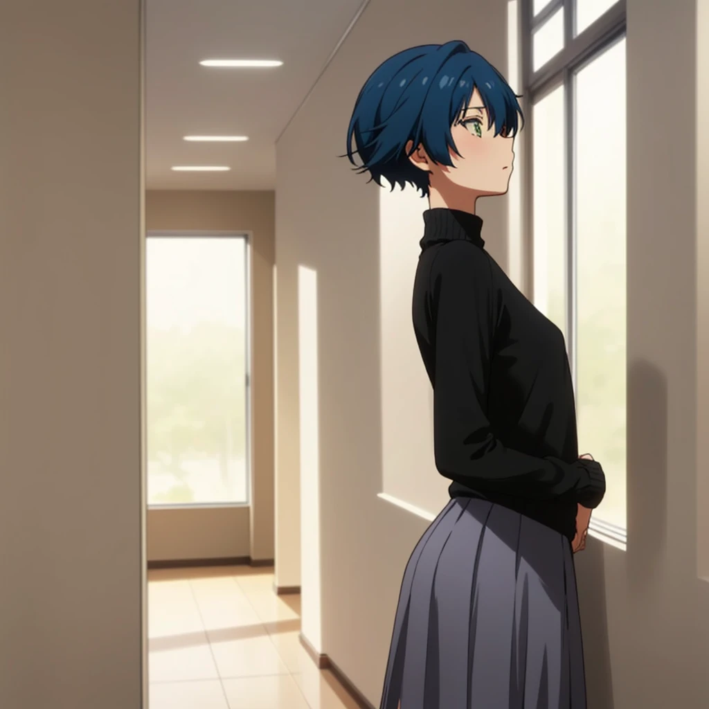 extreme details, volumetric lighting, masterpiece, best quality,solo,woman, 1yuu leaning againts wall, blue hair, short hair, small breasts, , skirt,black sweater, profile, window, school, hallway