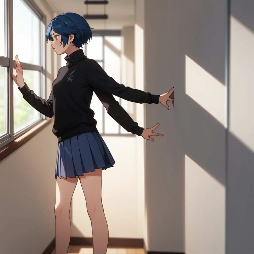 extreme details, volumetric lighting, masterpiece, best quality,solo,woman, 1yuu leaning againts wall, blue hair, short hair, small breasts, , skirt,black sweater, profile, window, school, hallway
