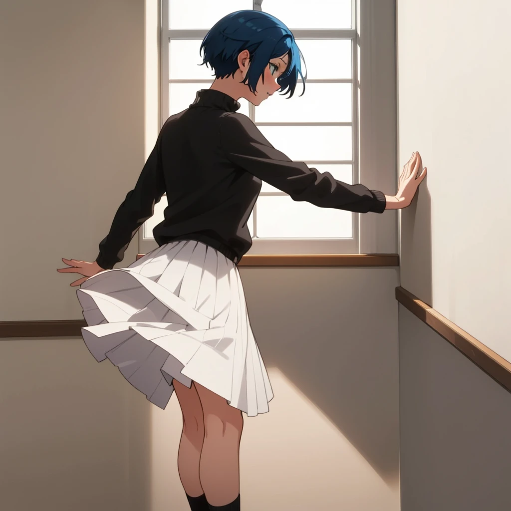 extreme details, volumetric lighting, masterpiece, best quality,solo,woman, 1yuu leaning againts wall, blue hair, short hair, small breasts, , skirt,black sweater, profile, window, school, hallway
