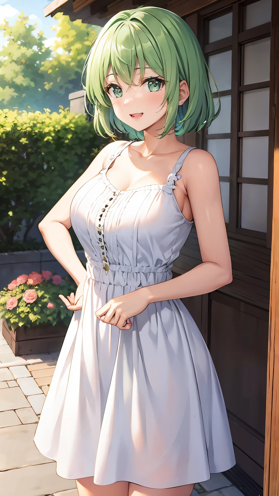 Girl with short green hair, Small size breasts, Small breasts、Green Eyes, White Casual Wear Beauty Special、(((tits))),Full body photo from head to toe、White dress、Colorful flower fields、Fluttering petals、A big smile when looking at the flowers
