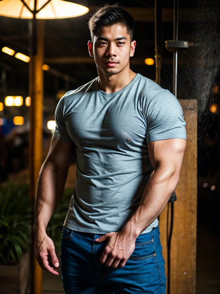 a young asian man, 20 years old, wearing a shirt and pants, dynamic movement pose, big pecs, (best quality,4k,8k,highres,masterpiece:1.2),ultra-detailed,(realistic,photorealistic,photo-realistic:1.37),HDR,UHD,studio lighting,ultra-fine painting,sharp focus,physically-based rendering,extreme detail description,professional,vivid colors,bokeh,portrait,photography