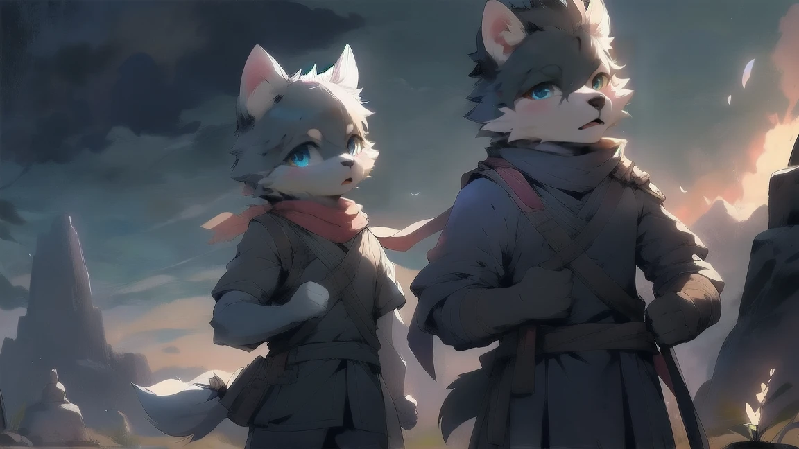 Wolf,juvenile,male,Gray-black fur,Sky blue eyes,Ancient combat uniform,scarf,Holding a long sword,Scabbard back,permanent,The only one,dawn,illumination,Break