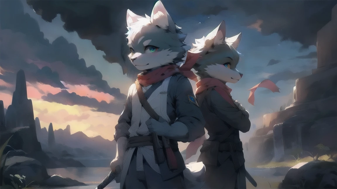 Wolf，juvenile，male，Gray-black fur，Sky blue eyes，Ancient combat uniform，scarf，Holding a long sword，Scabbard back，permanent，The only one,dawn，illumination，Break