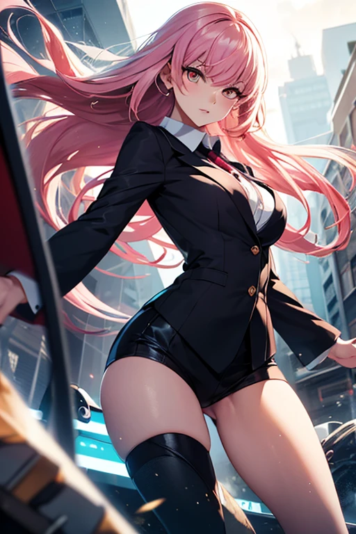 8k wallpaper,((High chroma)),(((Highest quality))) ,((Ultra-high resolution)),Browsing Caution,masterpiece,Clear margins,Very beautiful woman in her 20s,slender beautiful body,((1 person)),Very beautiful face,Very beautiful eyes,Very beautiful legs,Very beautiful arms,Very beautiful body,Depicted from thigh up,Depict a person large in the center of the image,Long Hair,Pink Hair,Thin eyebrows,Asymmetrical bangs with hair tucked behind one ear,Uses magic,decisive battle,battle,force,energy,(Clothing of office workers)Combat readiness