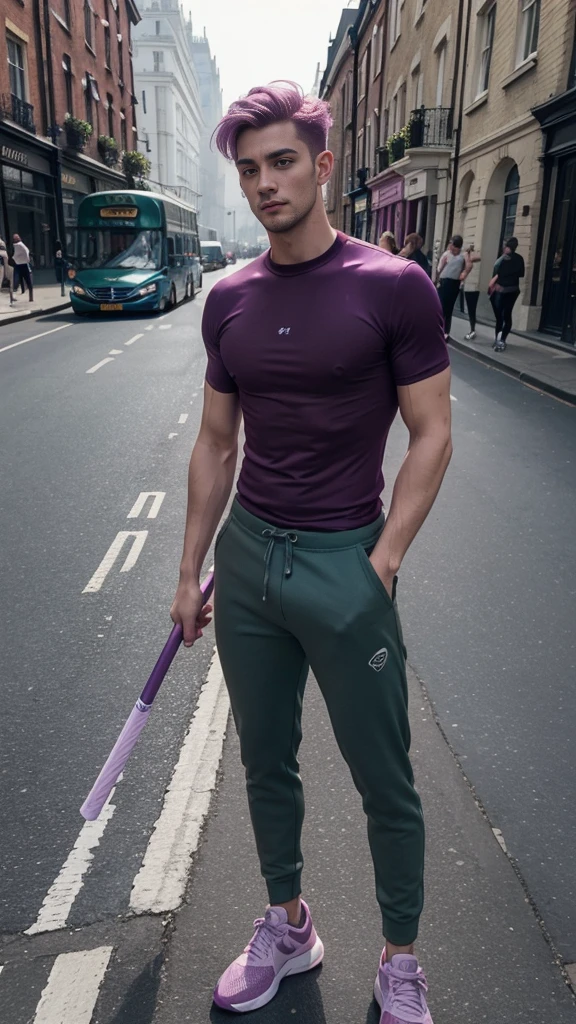 Man in magic outfit, 25 year old fit man, dark green gym trousers marking his fun, man in violet and burgundy t-shirt, man holds baton, young man with light lilac hair, man standing, man in grey trainers, background deserted late afternoon street, London street, there's a cab in the background, The man is tall , man