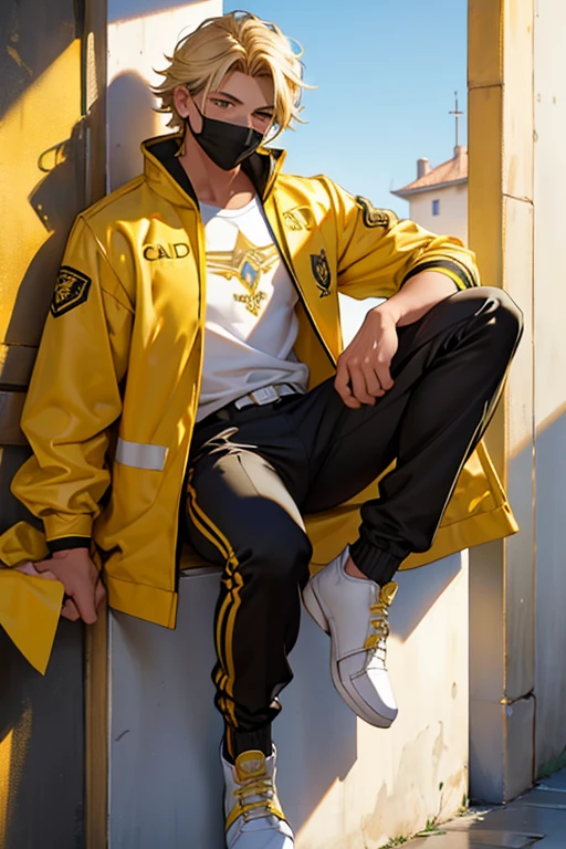 Hombre joven, cabello dorado alborotado, ojos brillantes color miel, mirada serena y tranquila, chaqueta amarilla, camisa blanca, pantalones negros, zapatos dorados, gold metallic face mask.