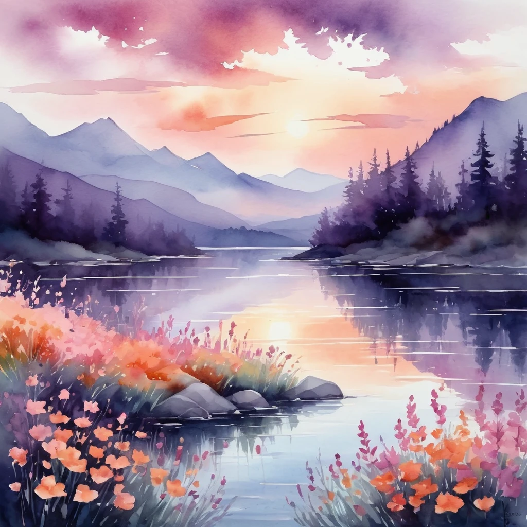 Create a breathtaking scene in the "Watercolor Fusion" art style. Imagine a serene landscape where a vibrant sunset merges seamlessly with the calm waters of a lake. The sky is painted with rich hues of orange, pink, and purple, blending effortlessly with the water's reflection. In the foreground, delicate flowers in a spectrum of colors bloom along the shore, their petals softly merging with the surrounding scenery. Silhouettes of distant mountains provide a gentle contrast, adding depth to the composition. The entire scene should feel fluid and ethereal, with colors bleeding into each other, creating a harmonious and dreamy atmosphere.