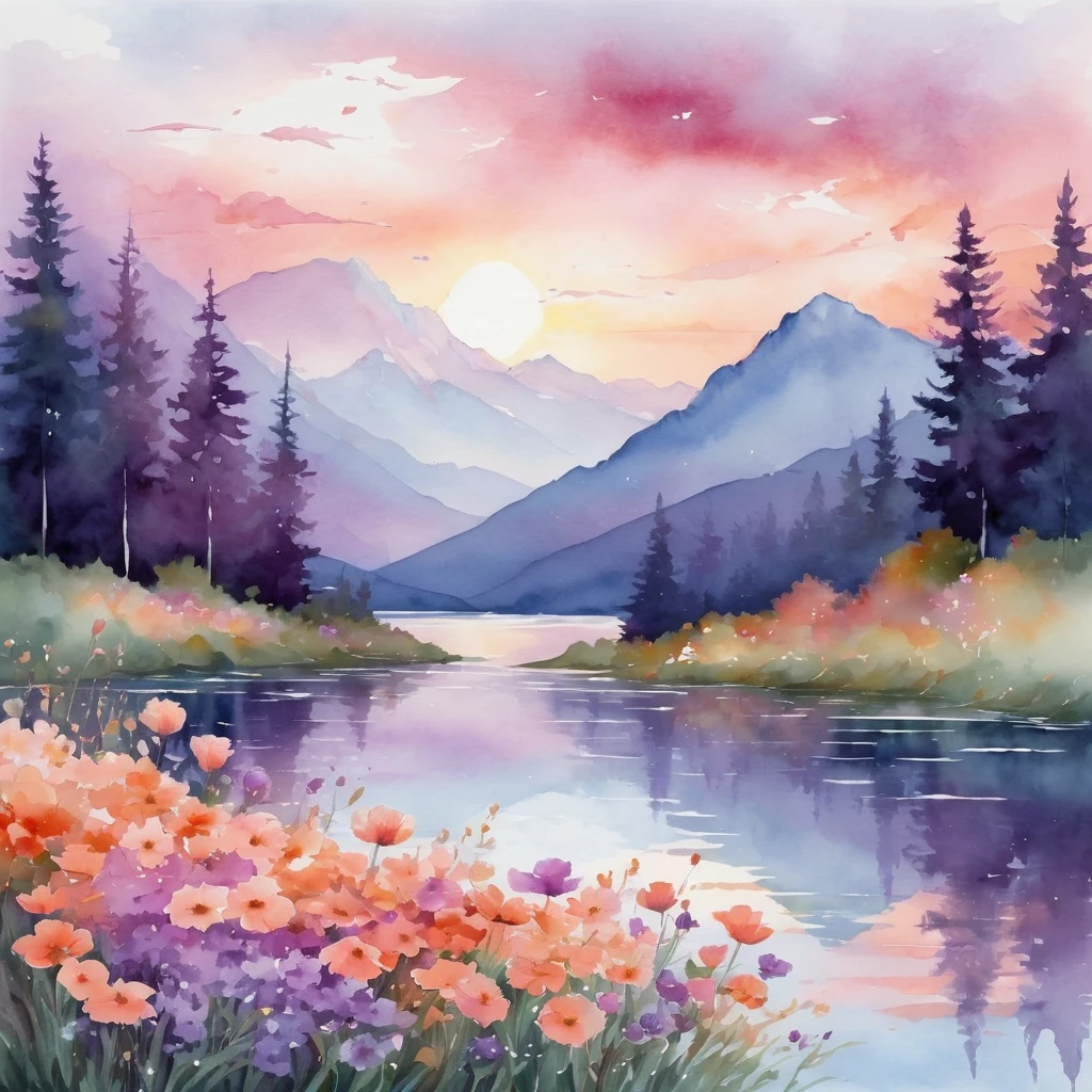 Create a breathtaking scene in the "Watercolor Fusion" art style. Imagine a serene landscape where a vibrant sunset merges seamlessly with the calm waters of a lake. The sky is painted with rich hues of orange, pink, and purple, blending effortlessly with the water's reflection. In the foreground, delicate flowers in a spectrum of colors bloom along the shore, their petals softly merging with the surrounding scenery. Silhouettes of distant mountains provide a gentle contrast, adding depth to the composition. The entire scene should feel fluid and ethereal, with colors bleeding into each other, creating a harmonious and dreamy atmosphere.