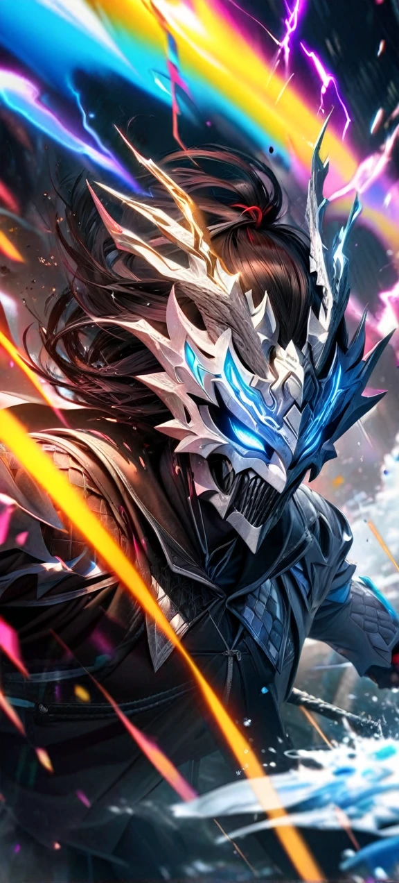 High quality, ultra realistic,absurdres, highres, ultra detailed, HDR, masterpiece, extremely detailed face and eyes, white dragon knight, dragon knight mask,,colorful Black hair , , solo, ,man, handsome, , , Epic fight scene, colorful splashing effect,colorful lightning effect,glowing glitters ,