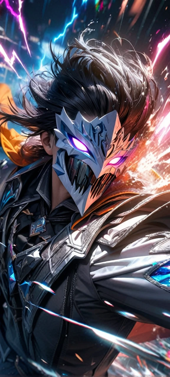 High quality, ultra realistic,absurdres, highres, ultra detailed, HDR, masterpiece, extremely detailed face and eyes, white dragon knight, dragon knight mask,,colorful Black hair , , solo, ,man, handsome, , , Epic fight scene, colorful splashing effect,colorful lightning effect,glowing glitters ,