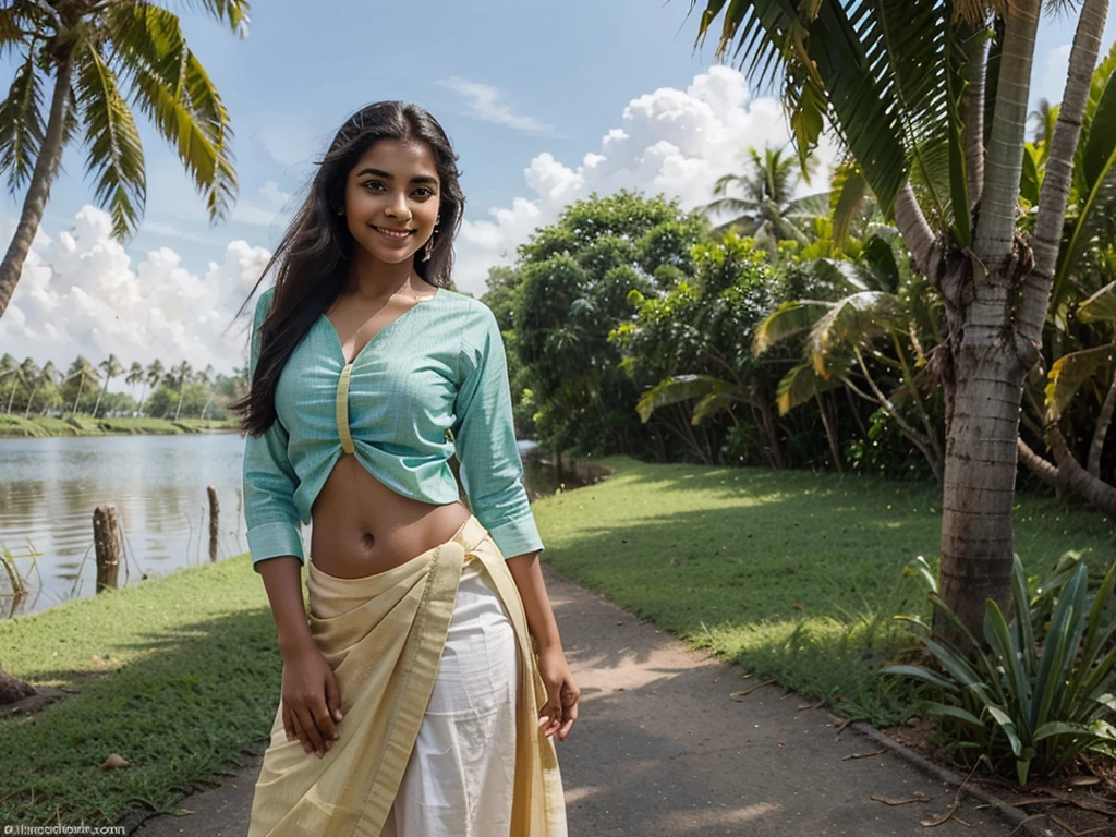 Design an image of a Kerala teen model dressed in a traditional Kerala mundu and blouse, with a radiant smile and a sense of style that exudes confidence. Set the scene with a tranquil backdrop of backwaters, a grassy road, and a coconut tree. Incorporate a palette of calming colors like blue, green, and beige to evoke a sense of serenity